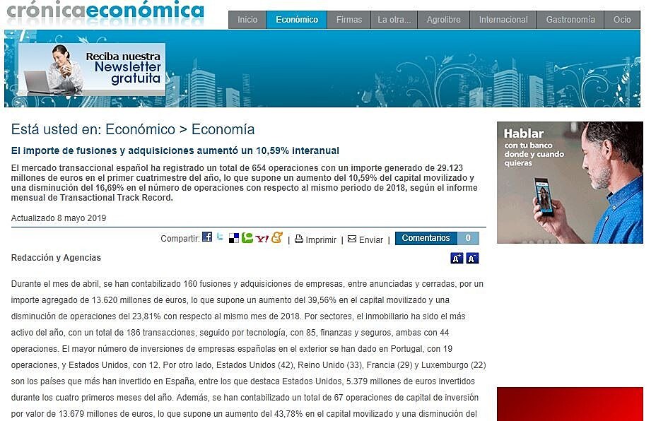 El importe de fusiones y adquisiciones aument un 10,59% interanual